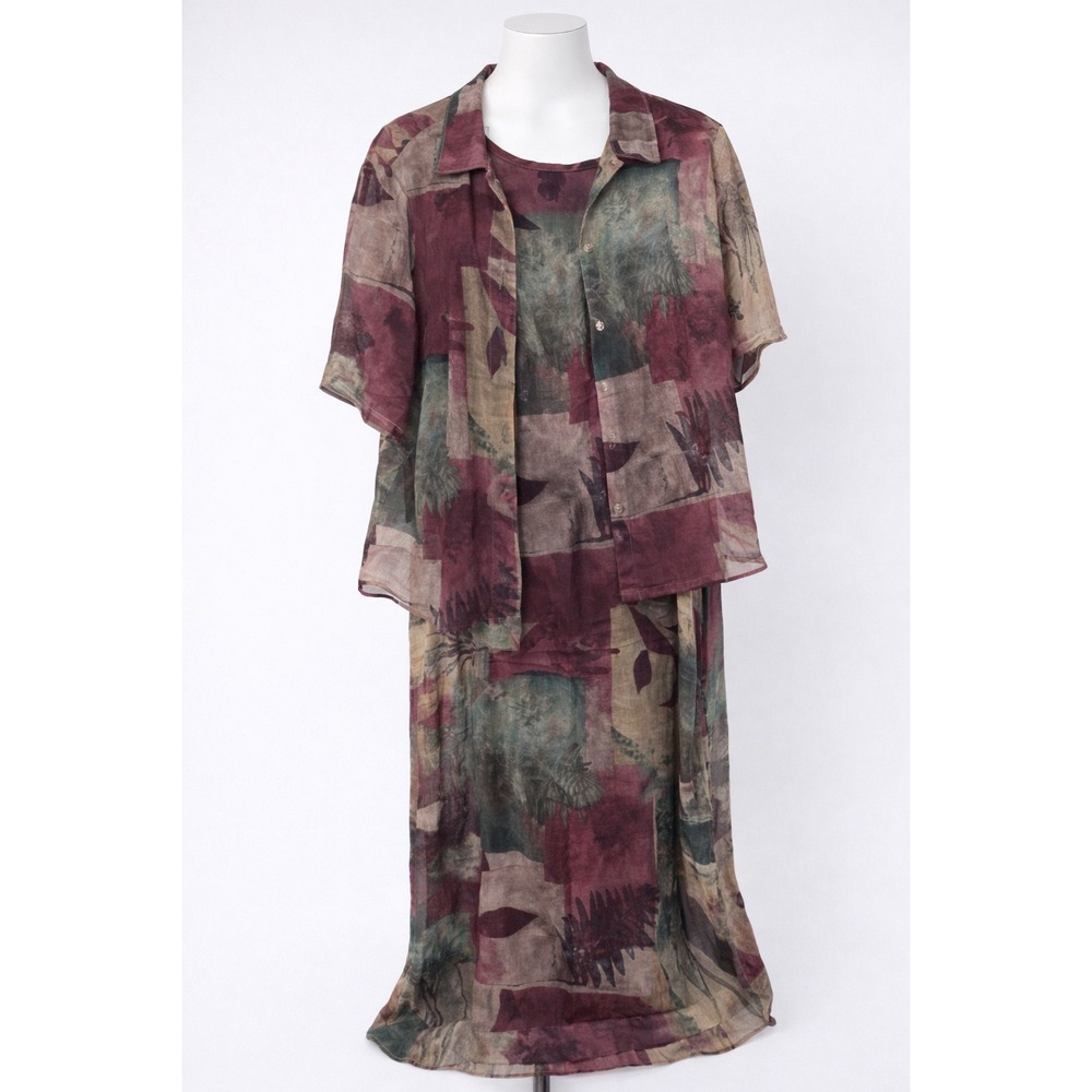 Ultra Dress New York 2 Piece Set Dress and‎ Sheer Shirt Burgundy Green Size 16W
